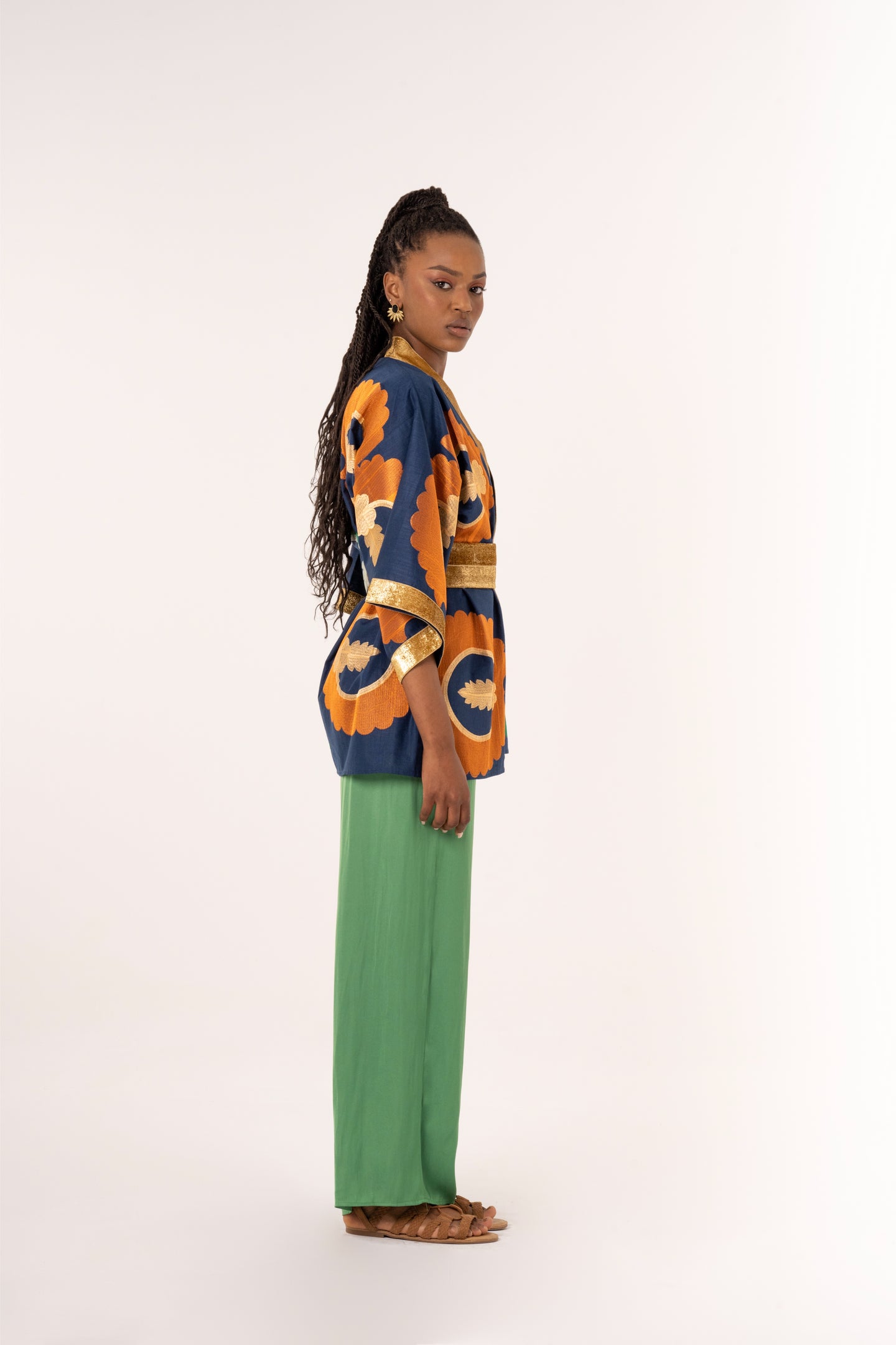Kokand - Green/Orange Embroidered Linen Cardigan